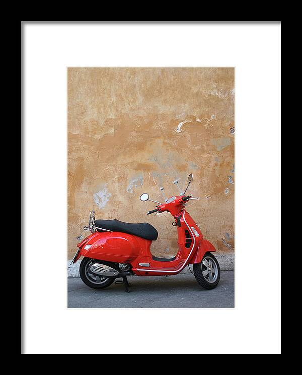 Cool Attitude Framed Print featuring the photograph Red Scooter And Roman Wall, Rome Italy #1 by Romaoslo