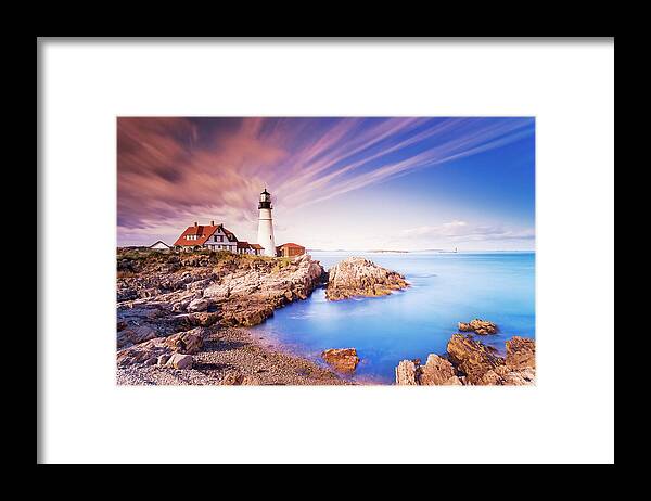 Estock Framed Print featuring the digital art Rocky Coast With Lighthouse #1 by Pietro Canali