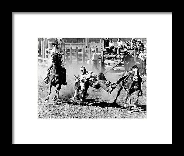 1950-1959 Framed Print featuring the photograph Rodeo Cowboy Bulldogging #1 by Underwood Archives