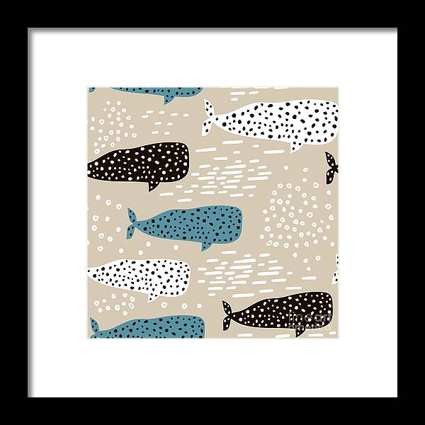 Underwater Framed Print featuring the digital art Seamless Pattern With Whale. Childish #1 by Solodkayamari