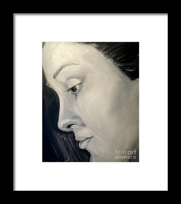 Grey Black White Shades Eyes Nose Mouth Hair Study Highlights Framed Print featuring the painting Sonja #1 by Ida Eriksen