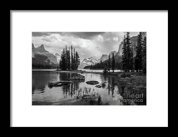 Black And White Framed Print featuring the photograph Spirit Island Canada by Chris Scroggins
