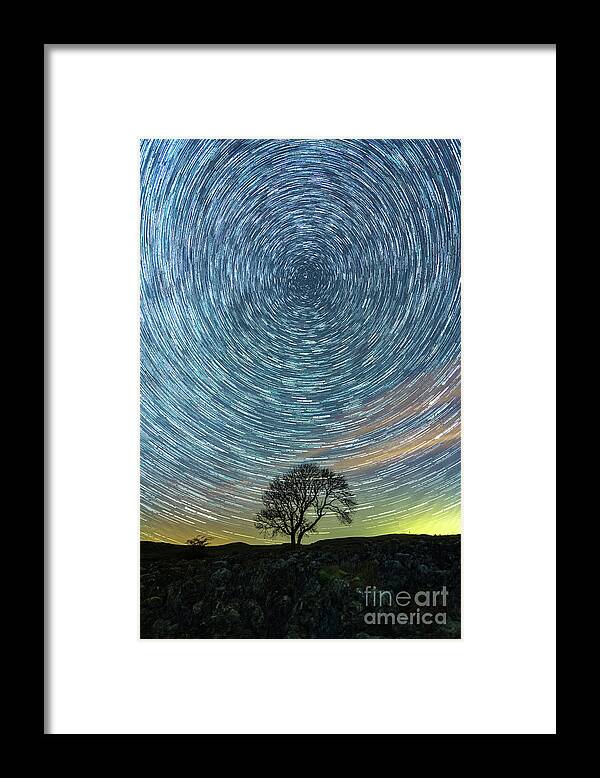 Gordale Scar Framed Print featuring the photograph Star trails at the lonely tree on the limestone pavement #1 by Mariusz Talarek