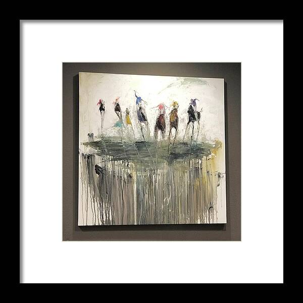 Animal Inspirational Surrealism Modern Horse Horses Contemporary Abstract Original Fantasy Race Horses Painting Framed Print featuring the painting Stretch Run Blue #1 by Heather Roddy