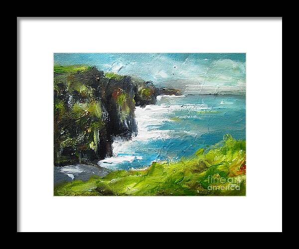 Moher Cliffs Framed Print featuring the painting Painting Of The Cliffs Of Moher County Clare Ireland by Mary Cahalan Lee - aka PIXI