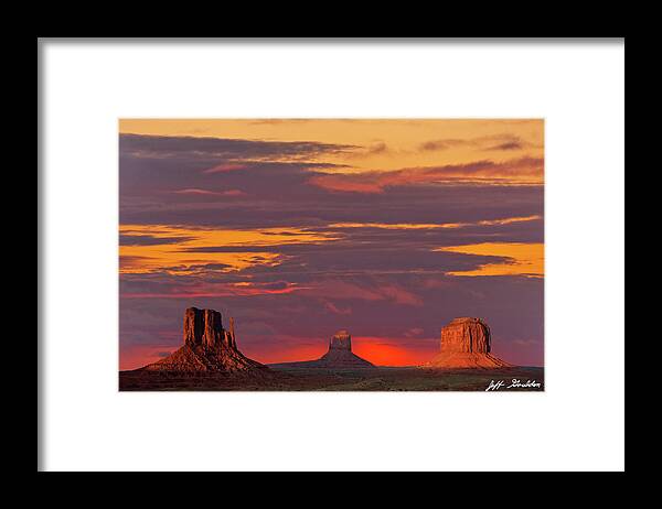 Arid Climate Framed Print featuring the photograph The Mittens and Merrick Butte at Sunset by Jeff Goulden