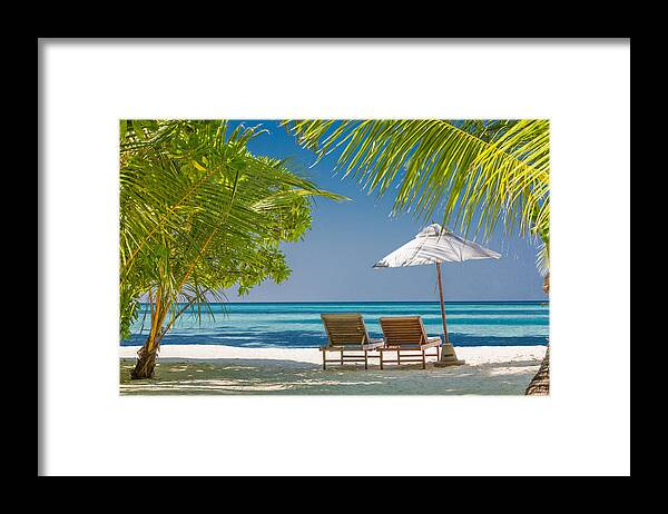 Landscape Framed Print featuring the photograph Two Beach Chairs On White Sand #1 by Levente Bodo