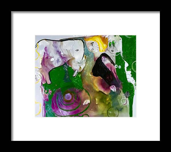 Abstract Framed Print featuring the painting Two Girls and an Elephant #1 by Carole Johnson