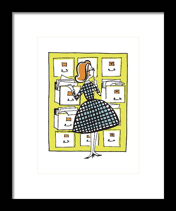 Administration Framed Print featuring the drawing Woman Looking in File Cabinet Drawers #1 by CSA Images