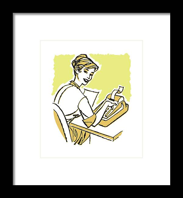 Administration Framed Print featuring the drawing Woman Working at Desk on Adding Machine and Looking Over Shoulder #1 by CSA Images