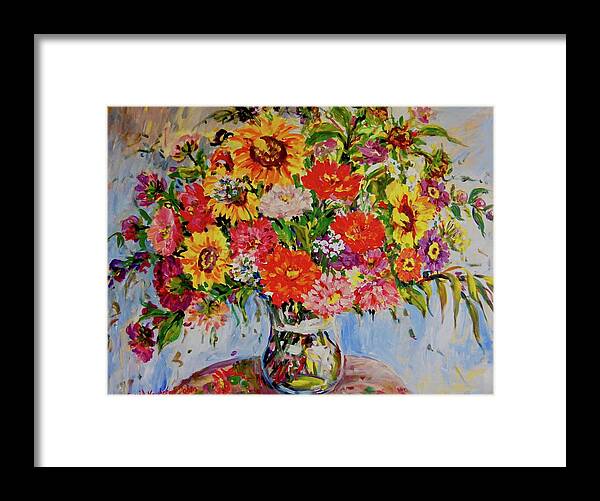 Flowers Framed Print featuring the painting Zinnias and Sunflowers #1 by Ingrid Dohm