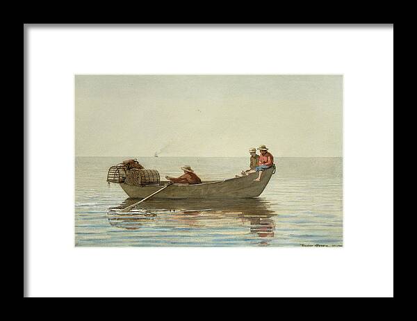 Winslow Homer Framed Print featuring the painting Three Boys in a Dory with Lobster Pots - Digital Remastered Edition by Winslow Homer
