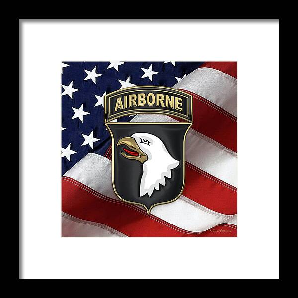 Military Insignia & Heraldry By Serge Averbukh Framed Print featuring the digital art 101st Airborne Division - 101st A B N Insignia over American Flag by Serge Averbukh