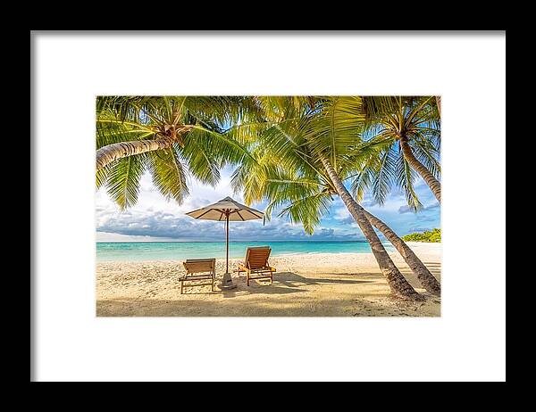 Landscape Framed Print featuring the photograph Beautiful Beach. Chairs On The Sandy #12 by Levente Bodo