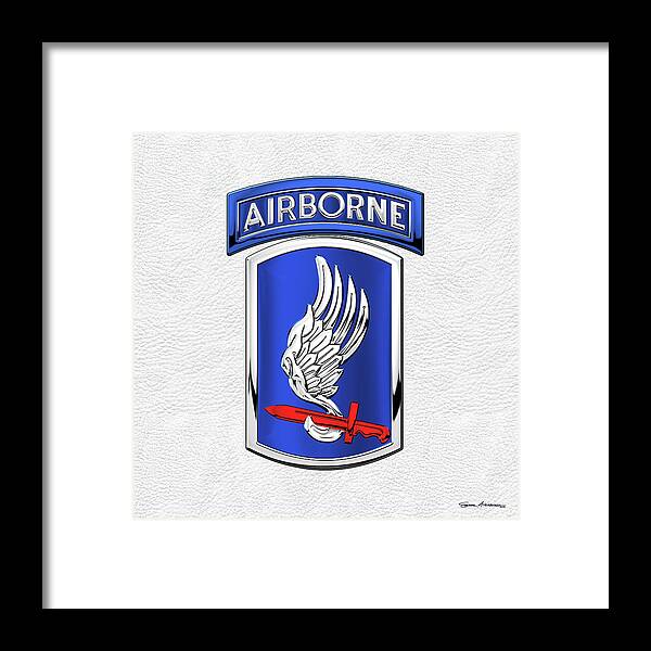 Military Insignia & Heraldry By Serge Averbukh Framed Print featuring the digital art 173rd Airborne Brigade Combat Team - 173rd A B C T Insignia over White Leather by Serge Averbukh
