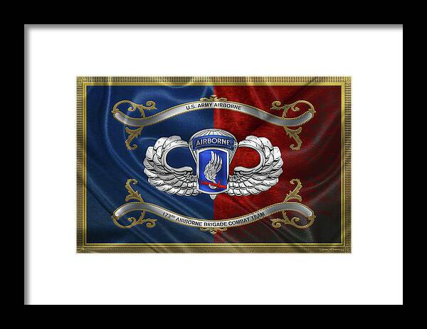Military Insignia & Heraldry By Serge Averbukh Framed Print featuring the digital art 173rd Airborne Brigade Combat Team - 173rd A B C T Insignia with Parachutist Badge over Flag by Serge Averbukh