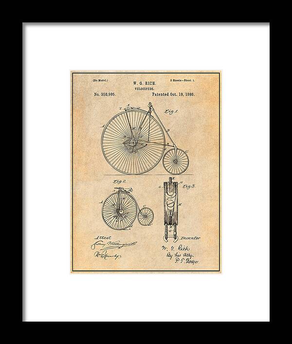 1886 W. G. Rich Velocipede Bicycle Patent Print Framed Print featuring the drawing 1886 W. G. Rich Velocipede Bicycle Antique Paper Patent Print by Greg Edwards