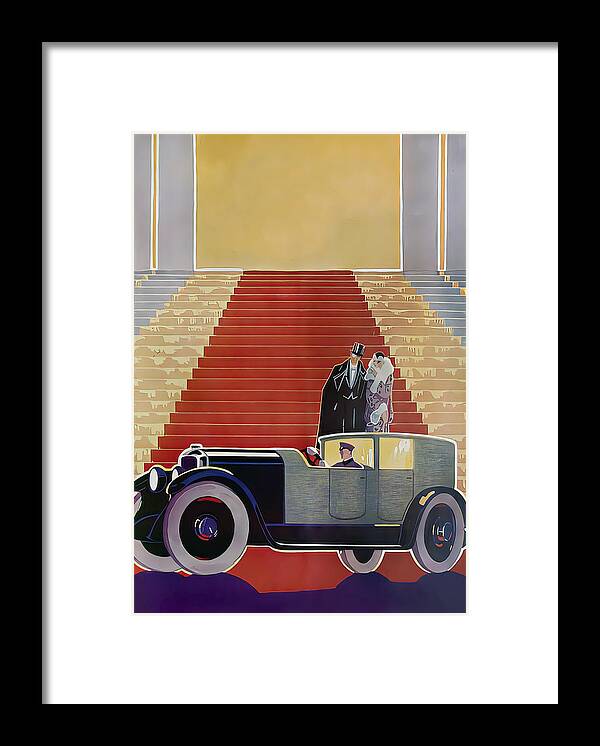 Vintage Framed Print featuring the mixed media 1927 Automobile With Couple In Elegant Setting Original French Illustration by Retrographs