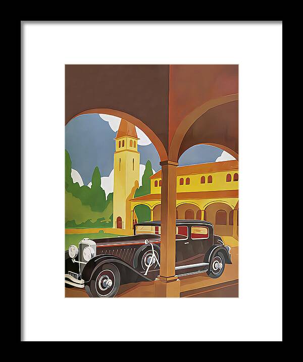 Vintage Framed Print featuring the mixed media 1932 Duesenberg Model J Coupe In Courtyard Setting Original French Art Deco Illustration by Retrographs