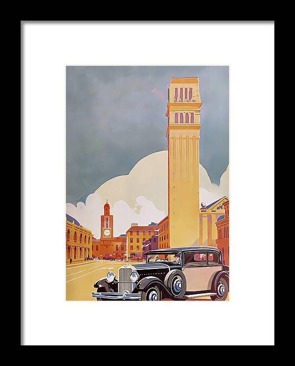 Vintage Framed Print featuring the mixed media 1932 Vehicle In City Square Original French Art Deco Illustration by Retrographs