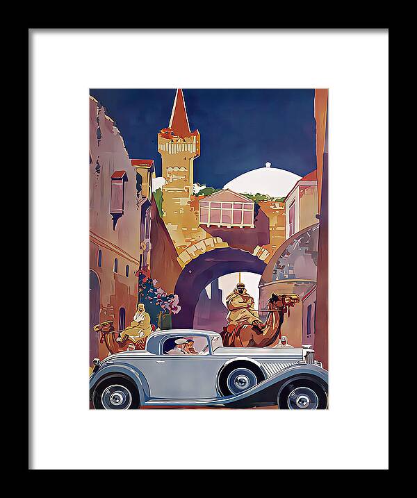 Vintage Framed Print featuring the mixed media 1934 Bentley Coupe With Couple In Middle East Town Setting Original French Art Deco Illustration by Retrographs