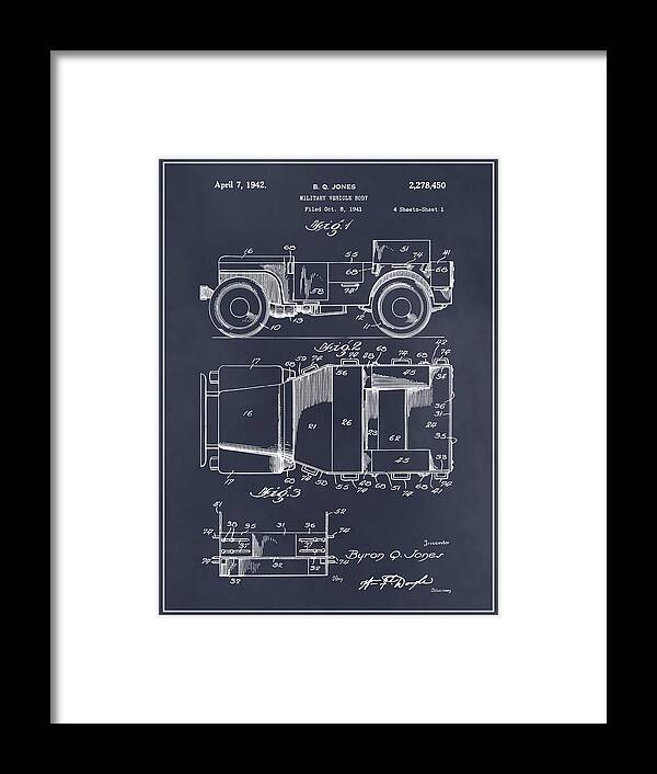 1941 Jeep Military Vehicle Patent Print Framed Print featuring the drawing 1941 Jeep Military Vehicle Blackboard Patent Print by Greg Edwards