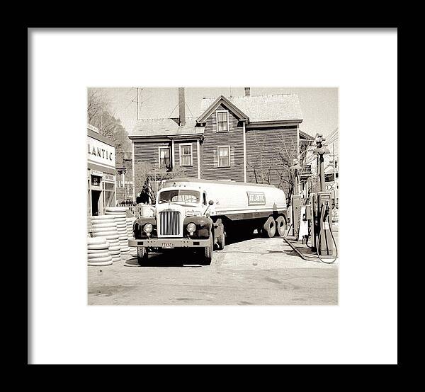Transportation Framed Print featuring the painting 1950s photo Atlantic GAS Station FUEL Truck car Pump Scene Fitchburg MA by Celestial Images