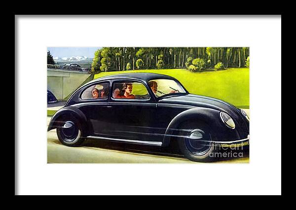 Vintage Framed Print featuring the mixed media 1950s Volkswagen At Speed With Occupants by Retrographs