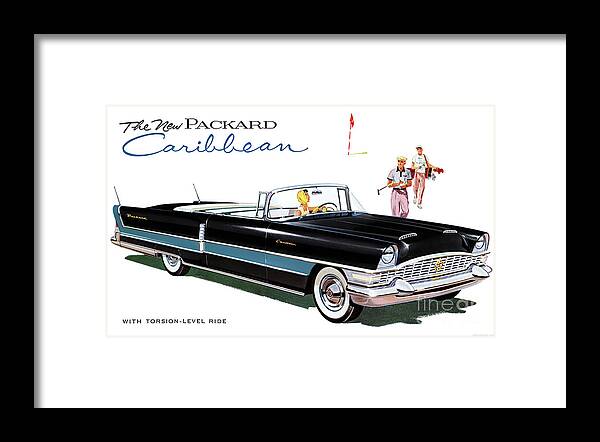 Vintage Framed Print featuring the mixed media 1955 Packard Caribbean Advertisement Convertible With Golfers by Retrographs