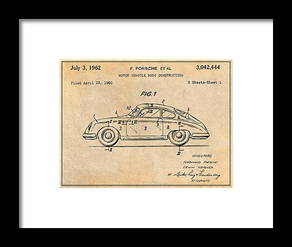Porsche 356 Patent Print Framed Print featuring the drawing 1962 Porsche 356 Speedster Patent Print Antique Paper by Greg Edwards