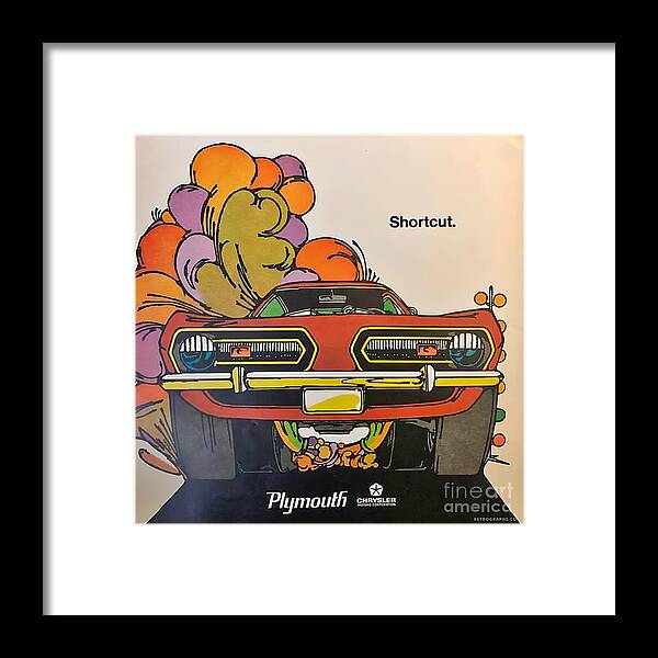 Vintage Framed Print featuring the mixed media 1970s Advertisement Plymouth Barracuda Shortcut by Retrographs
