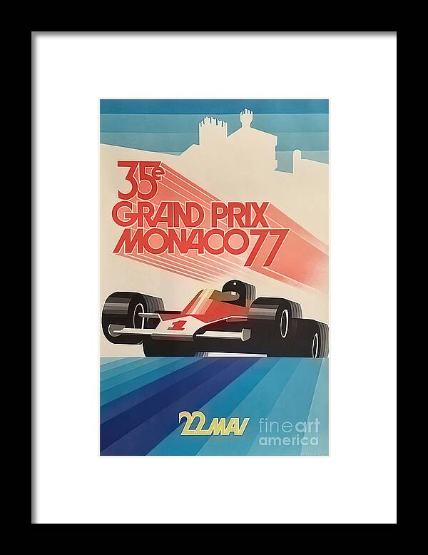 Vintage Framed Print featuring the mixed media 1977 35th Monaco Grand Prix Racing Poster Featuring Ferrari by Retrographs