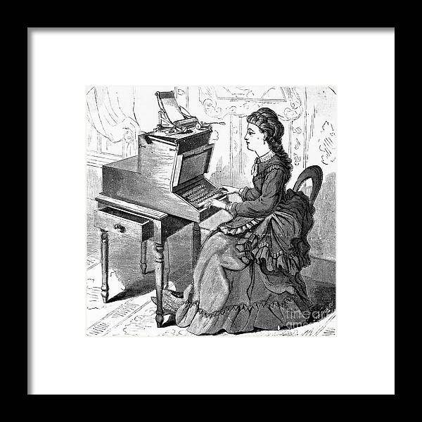Working Framed Print featuring the photograph 19th-century Woodcut Of A Young Woman by Bettmann