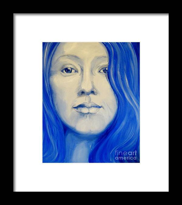 Portrait Mouth Eyes Nose Chin Hair Blue White Yellow Soft Determined Steady Framed Print featuring the painting Alisha by Ida Eriksen