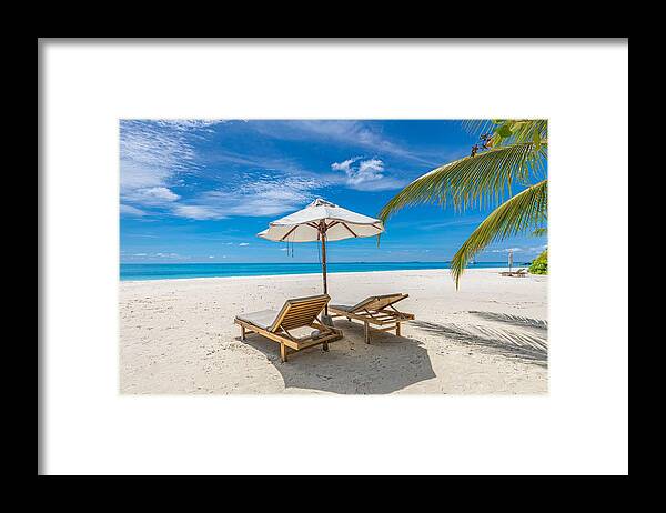 Landscape Framed Print featuring the photograph Beach Umbrella And Chairs For Summer #2 by Levente Bodo