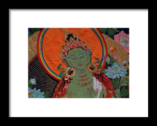 Norbulinka Framed Print featuring the digital art Detail of Embroidered Picture made in Norbulinka #2 by Carol Ailles