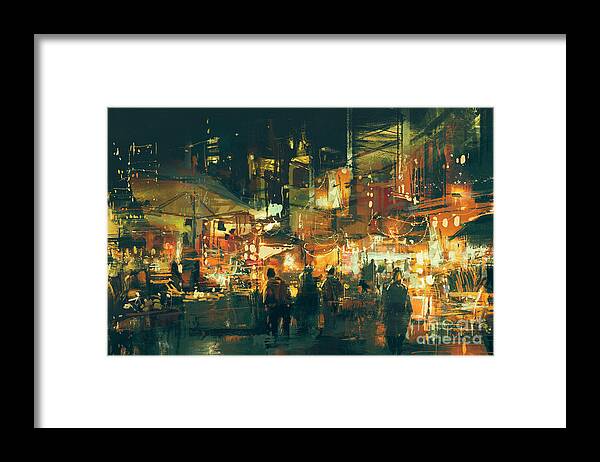 City Framed Print featuring the digital art Digital Painting Of People Walking by Tithi Luadthong