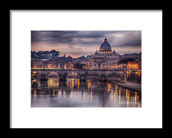 Capital Framed Print featuring the photograph Illuminated Bridge In Rome Italy by Sophie Mcaulay