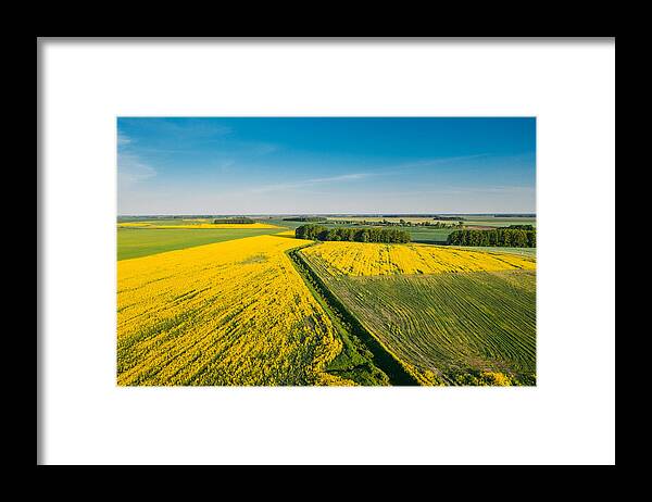 Landscapeaerial Framed Print featuring the photograph Natural Green Field With Trails Lines #2 by Ryhor Bruyeu