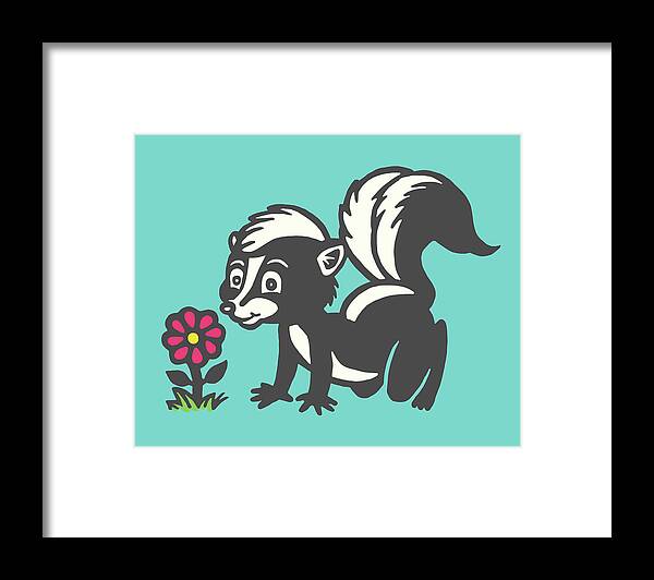 Animal Framed Print featuring the drawing Skunk Smelling a Flower #2 by CSA Images
