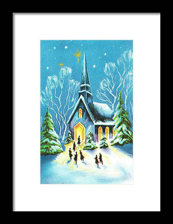 Belief Framed Print featuring the drawing Winter church at night #2 by CSA Images