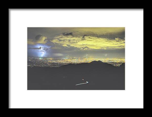 Tucson Framed Print featuring the photograph 2019 Monsoon Lightning over the Lights of Tucson, Windy Point by Chance Kafka