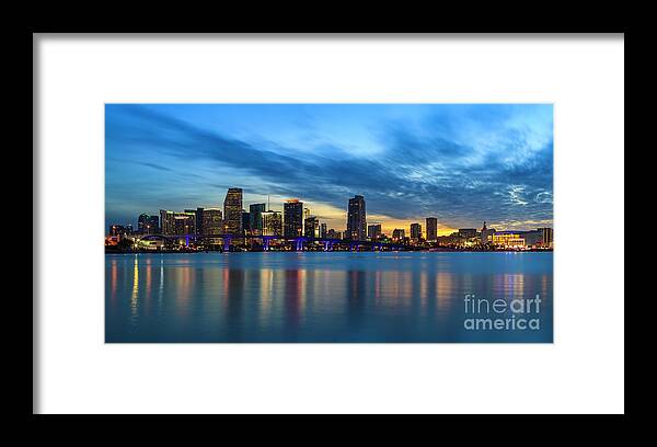 Biscayne Bay Framed Print featuring the photograph Miami Sunset Skyline by Raul Rodriguez