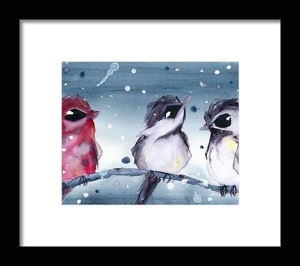 Birds Framed Print featuring the painting 3 Birds in the Snow by Dawn Derman