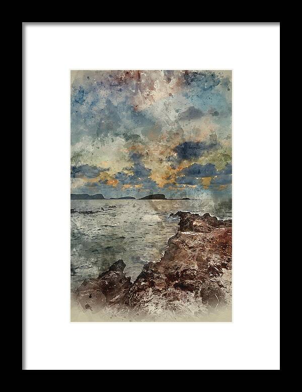 Landscape Framed Print featuring the photograph Digital watercolor painting of Sunrise over rocky coastline on M #3 by Matthew Gibson