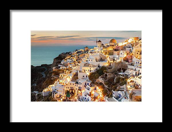 Water's Edge Framed Print featuring the photograph Oia Sunset, Santorini, Greece #3 by Chrishepburn