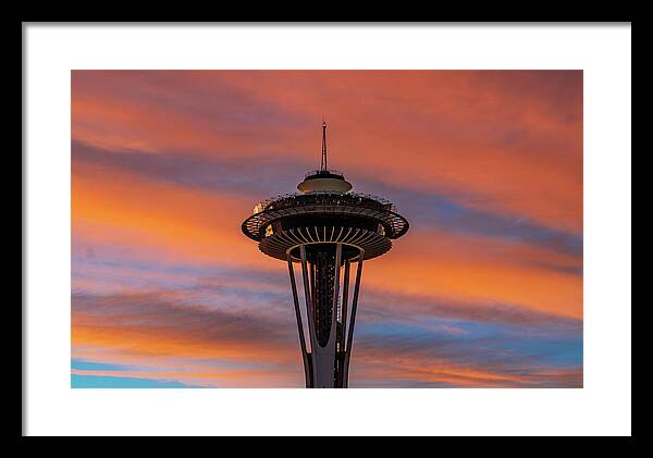 _emeraldcity Framed Print featuring the tapestry - textile Space Needle Sunset #3 by Tommy Farnsworth