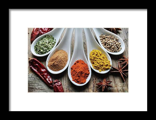 Spices Framed Print featuring the photograph Spices. Top view. by Jelena Jovanovic