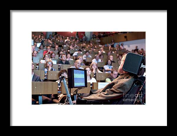 Stephen Hawking Framed Print featuring the photograph Stephen Hawking Lecturing At Cern In 2009 by Cern/science Photo Library