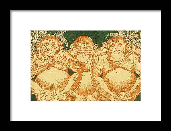 Animal Framed Print featuring the drawing Three Monkeys #3 by CSA Images